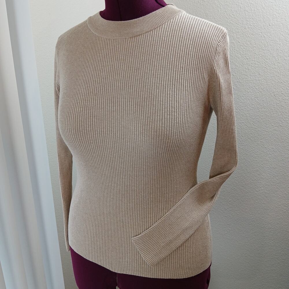 Cielo Beige Ribbed Knit Sweater M long sleeve mock neck pullover slim bodycon